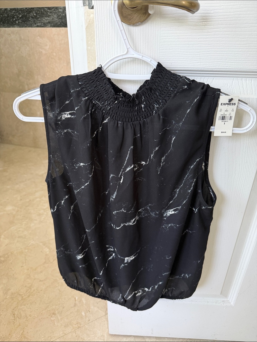 Express Women’s Black Marble Sleeveless Smocked Neck Top